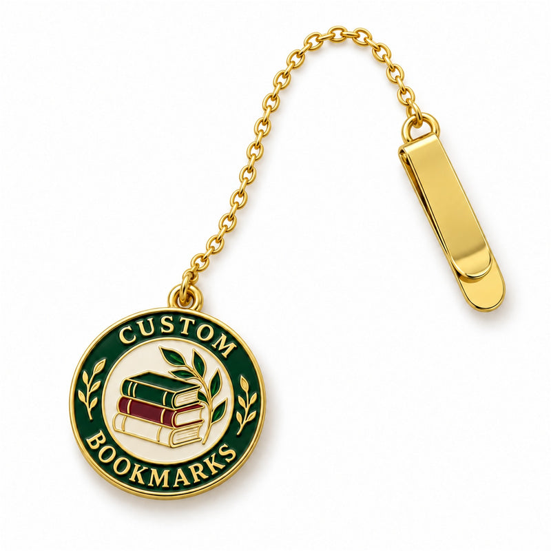 Gold custom bookmark with chain, page clip, and green enamel book-stack charm