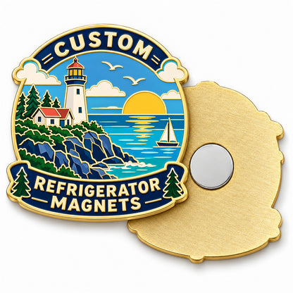Custom refrigerator magnet with lighthouse and coastal enamel design, shown front and back
