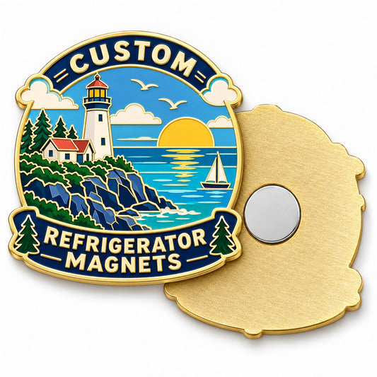 Custom refrigerator magnet with lighthouse and coastal enamel design, shown front and back