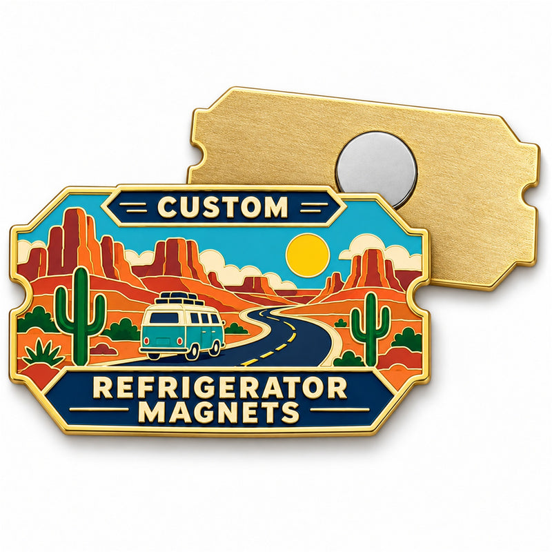 Custom refrigerator magnet with desert road and camper van design, shown front and back
