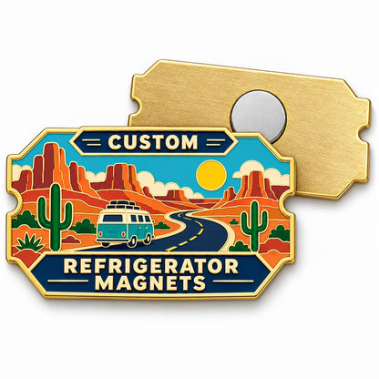 Custom refrigerator magnet with desert road and camper van design, shown front and back