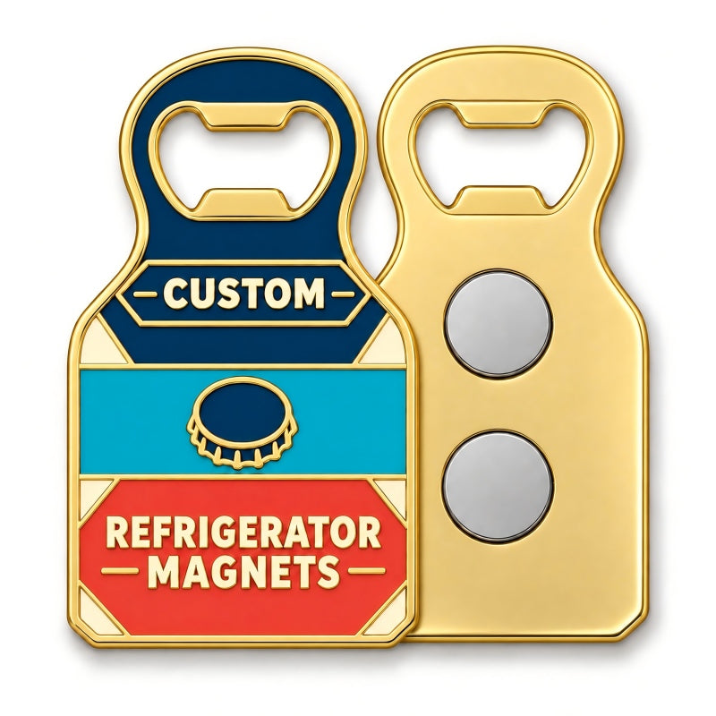 Custom refrigerator magnet bottle opener with colorful enamel front and two round magnets