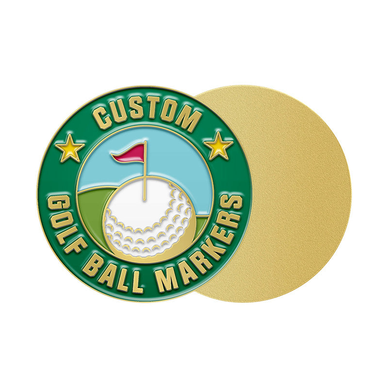 Gold custom golf ball marker with custom text, featuring a golf scene design and decorative elements
