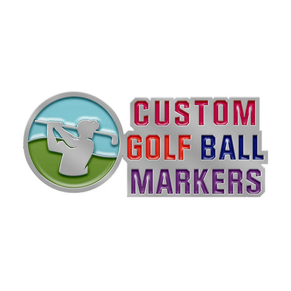 Silver custom golf ball marker with a circular design featuring silver golfer silhouettes against a blue sky and green grass, and custom text