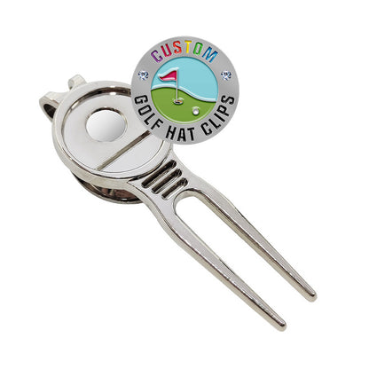  Silver custom golf divot tool with a Custom Golf Ball Markers featuring a colorful golf scene design of a hole, flag, and ball, and custom text