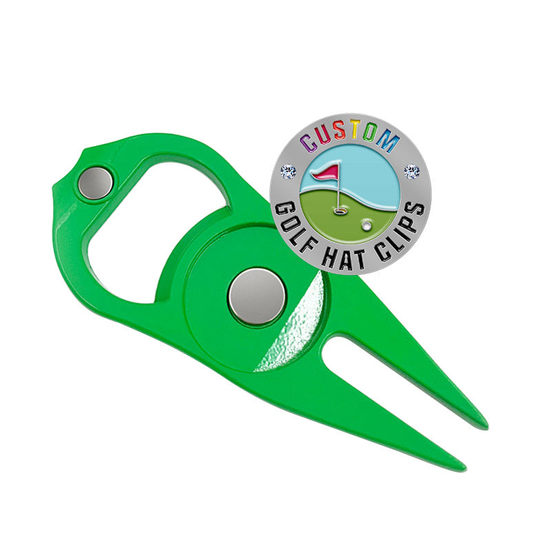 Bright green multi-functional golf divot tool with convenient magnetic grooves for easy attachment, alongside custom text on a circular badge depicting a golf scene