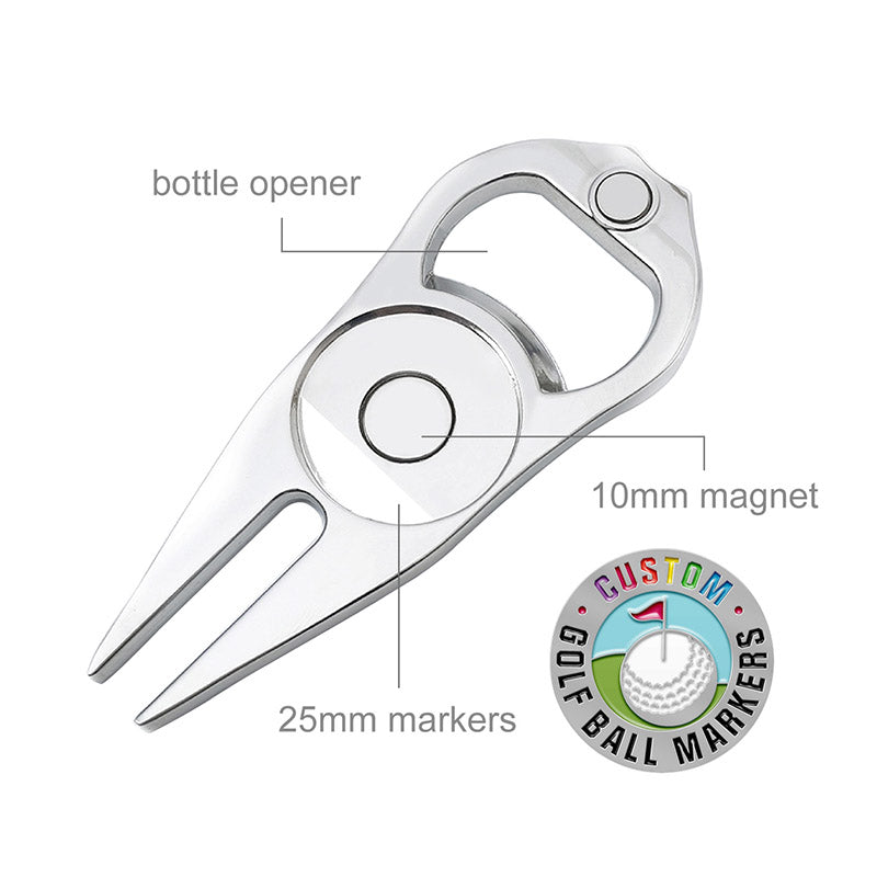  Silver custom golf divot tool with integrated bottle opener, 10mm magnet, and divot repair forks, featuring a 25mm area for interchangeable custom golf ball markers 