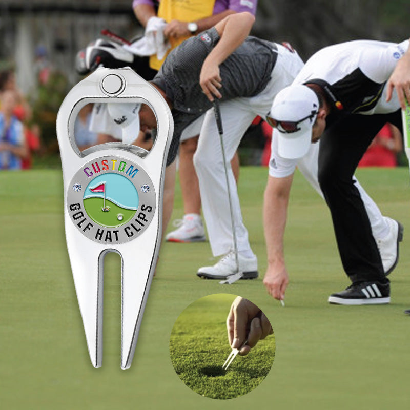 Custom golf divot tool and bottle opener in tournament use, with inset circle demonstrating ball mark repair on the green. Players in background highlight course maintenance during play