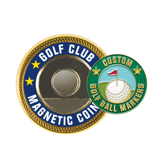 a blue magnetic coin with custom text  and yellow stars, and a green custom golf ball marker with a golf scene design and custom text
