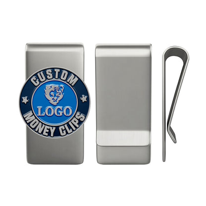 Display of custom money clips in silver with multiple views: front featuring a blue enamel emblem with custom text, back showing smooth surface, and clip detail.