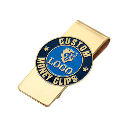 Custom gold money clip with circular emblem featuring dark blue enamel, gold text including tiger head design, star accents, and space for custom personalization.