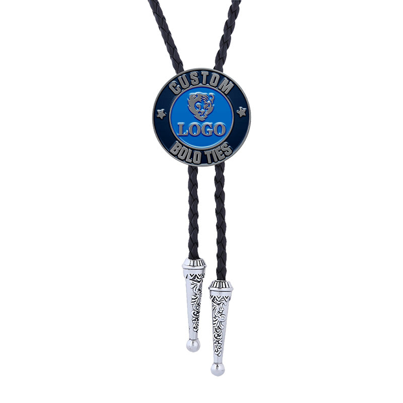 Custom silver bolo tie with dark braided cord, circular emblem featuring blue enamel, animal head design, star accents, and space for custom text and logo.