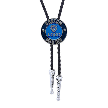 Custom silver bolo tie with dark braided cord, circular emblem featuring blue enamel, animal head design, star accents, and space for custom text and logo.
