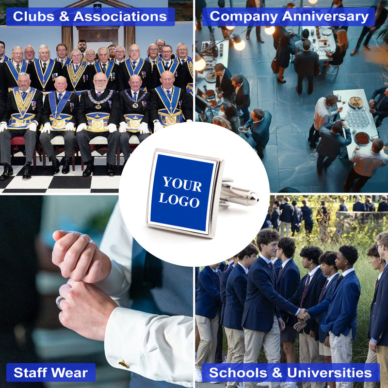 Personalized square cufflinks in silver with blue enamel featuring custom text, displayed in a multi-scene collage for clubs, company anniversaries, staff wear, and schools.