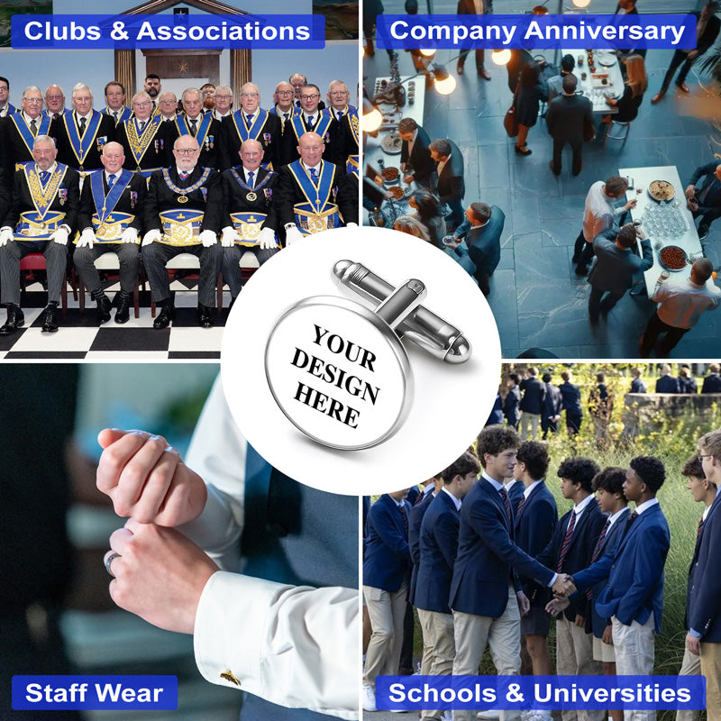 Round cufflinks in silver with highlighted logo area featuring custom text, displayed in a multi-scene collage for clubs, company anniversaries, staff wear, and schools.