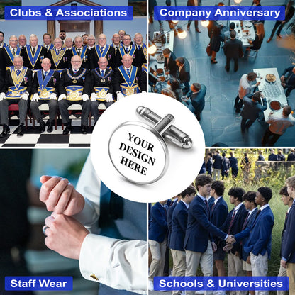 Round cufflinks in silver with highlighted logo area featuring custom text, displayed in a multi-scene collage for clubs, company anniversaries, staff wear, and schools.
