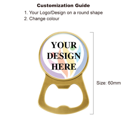 gold bottle cap opener with fridge magnet back, custom logo available