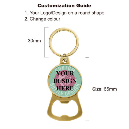 gold bottle cap opener keychain with size details and custom logo engraving