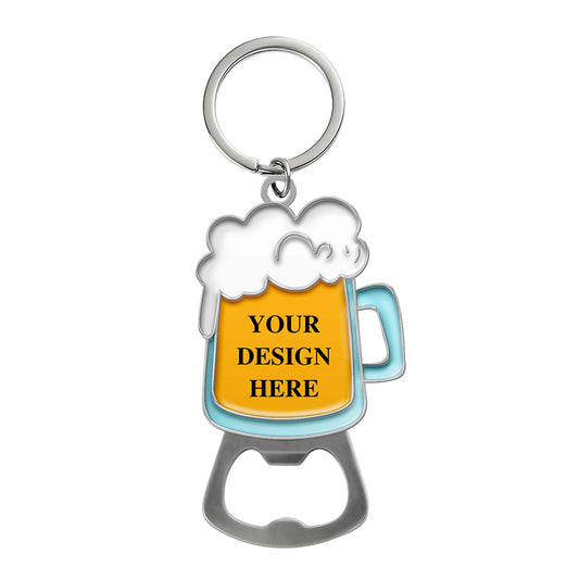 silver beer bottle opener with foamy beer mug design, dual-use as keychain and fridge magnet, customizable with UV print or embossing