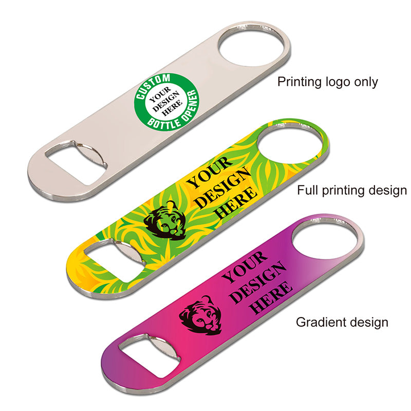three custom finish options for flat bottle openers: laser, print, emboss