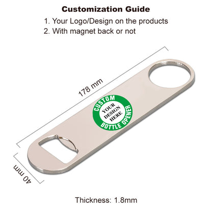silver flat bottle opener with custom logo and size details