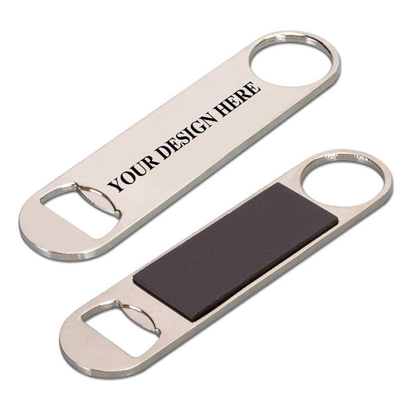 silver flat fridge magnet bottle opener, front and back view