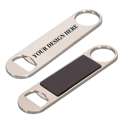 silver flat fridge magnet bottle opener, front and back view