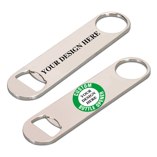 silver flat bottle opener with two logo finish options: engraving vs printing