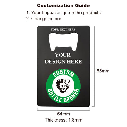 black credit card bottle opener with size reference and custom engraving