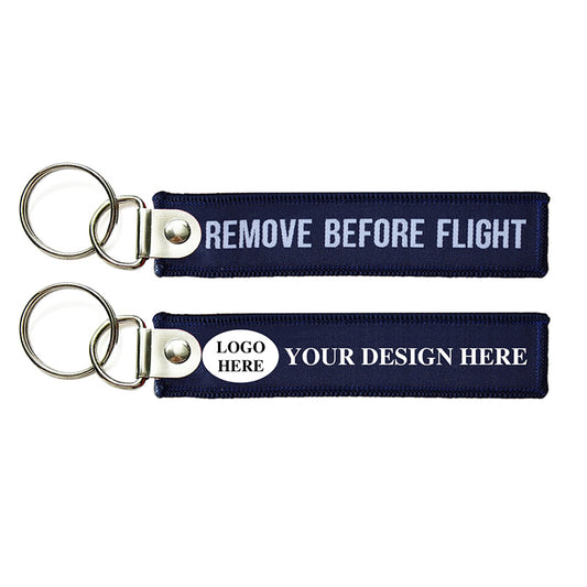 navy blue embroidered flight tag with durable stitching and custom logo