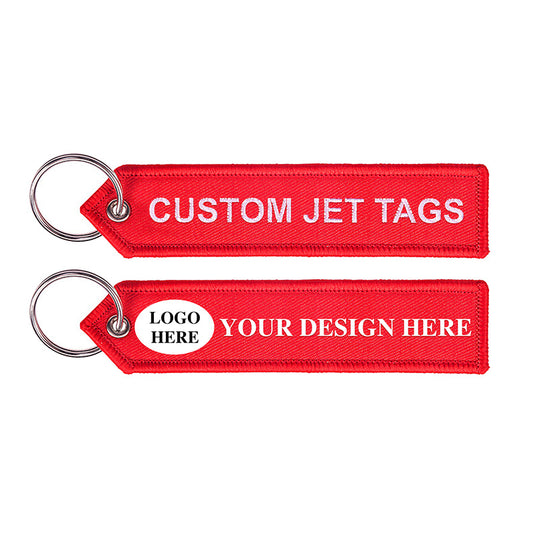 red jet tag with custom embroidered message, ideal for keychains or giveaways