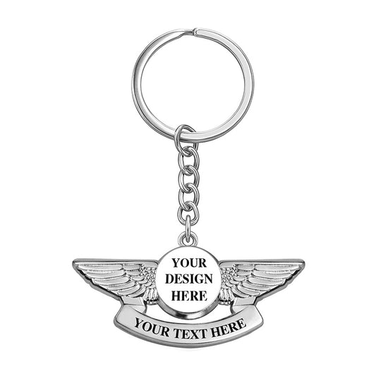 silver 3D pilot wings keychain with raised emblem design