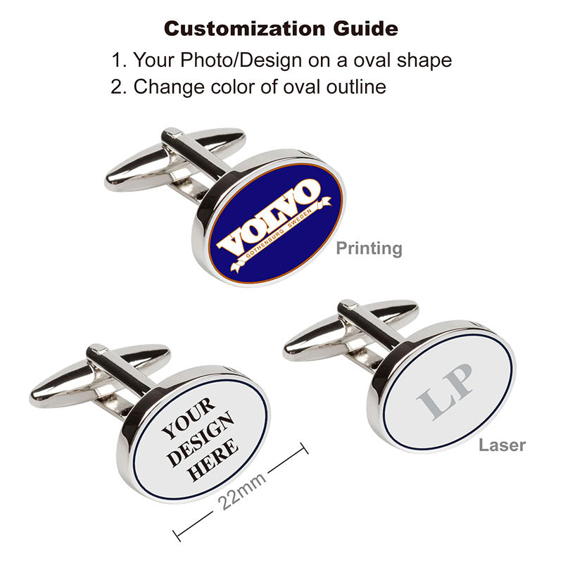 Personalized oval cufflinks with silver metal outline, showcasing customizable logo area on blue and white examples featuring custom text, demonstrating printing and laser engraving techniques.