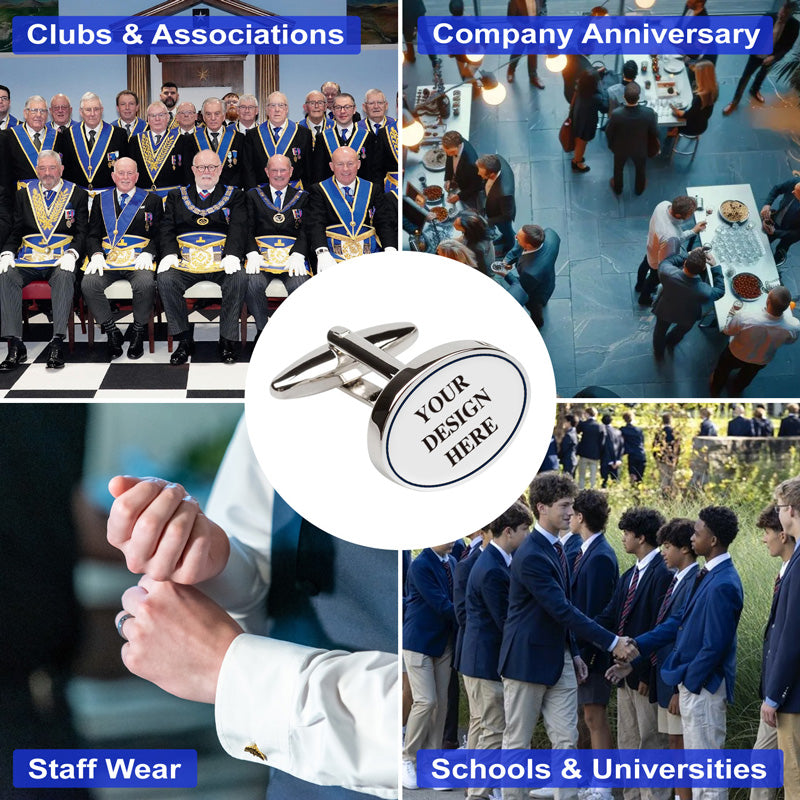 Oval silver cufflinks with logo area, featured in four usage scenarios for clubs, companies, staff wear, and schools.