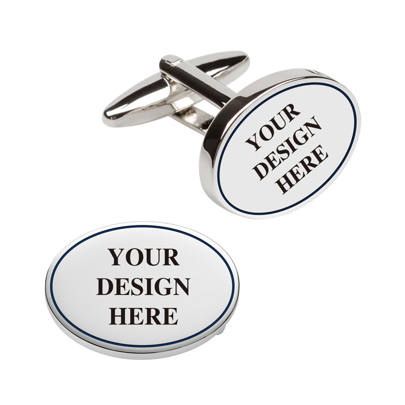 Oval cufflinks in silver with customized logo area, displaying the position and shape of the text through multiple views.