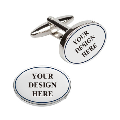 Oval cufflinks in silver with customized logo area, displaying the position and shape of the text through multiple views.