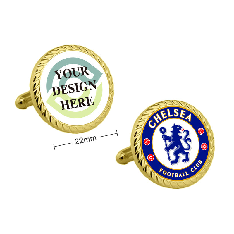 Personalized round cufflinks with gold rope border, featuring custom text and Chelsea Football Club crest on dual-sided enamel design.