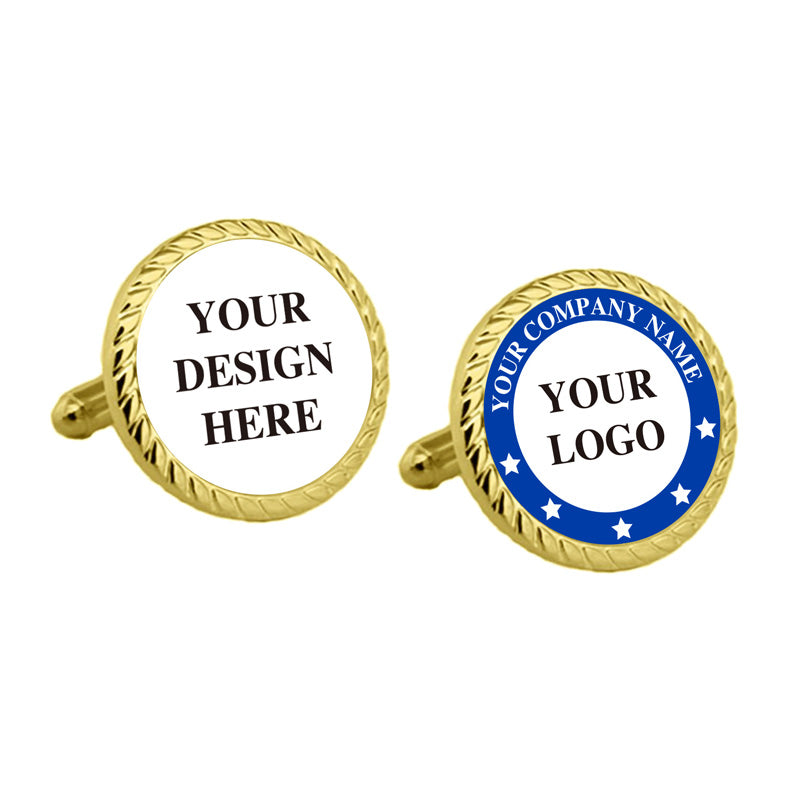 Round cufflinks with gold twisted border and center, featuring custom text for personalized design and branding.