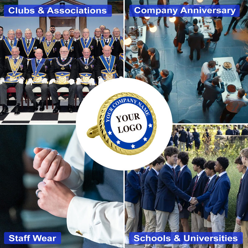 Round cufflinks in gold and blue with custom text, featured in usage scenarios for clubs, companies, staff wear, and schools.