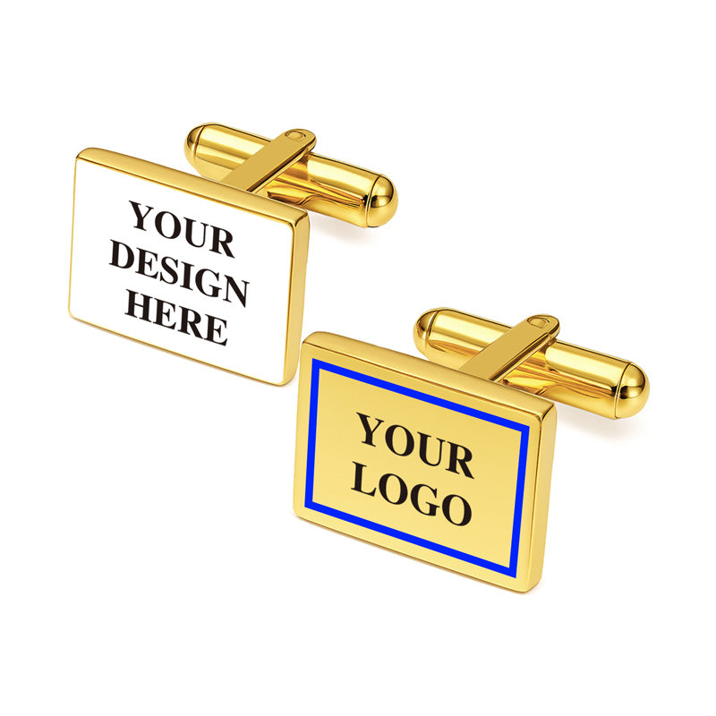 Personalized rectangle cufflinks in gold with highlighted logo areas, featuring custom text