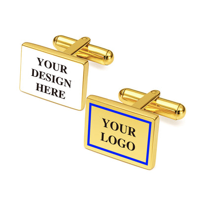 Personalized rectangle cufflinks in gold with highlighted logo areas, featuring custom text