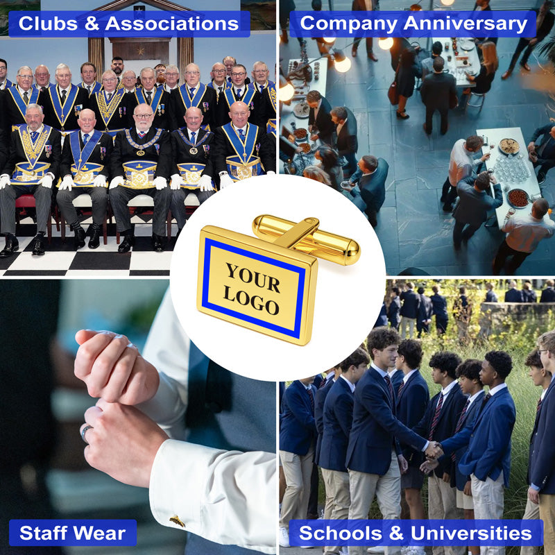 Gold rectangle cufflinks featuring custom text, displayed in a four-scene collage for clubs, company anniversaries, staff wear, and schools.