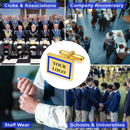 Gold rectangle cufflinks featuring custom text, displayed in a four-scene collage for clubs, company anniversaries, staff wear, and schools.