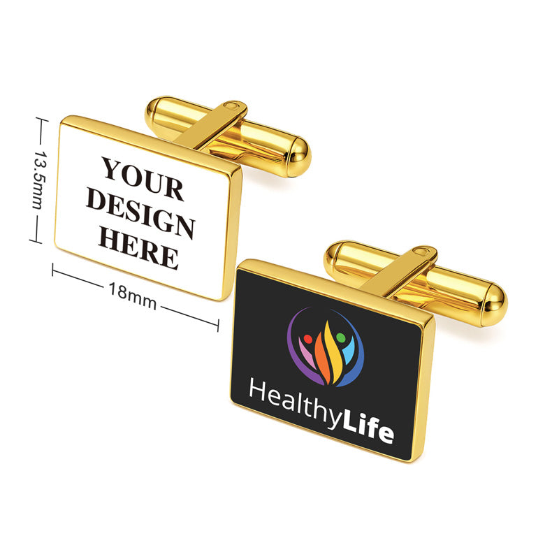 Personalized rectangle cufflinks in gold with black and white panels, featuring custom text and highlighted logo areas, displayed with dimension markers 18mm x 13.5mm