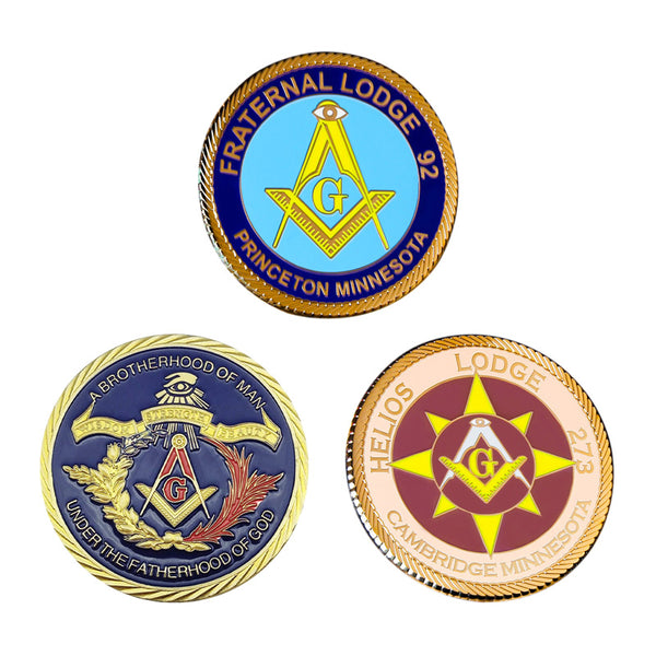 Three custom Masonic coins from Fraternal Lodge 92, Prince Ton Minnesota, and Helios Lodge Cambridge Minnesota
