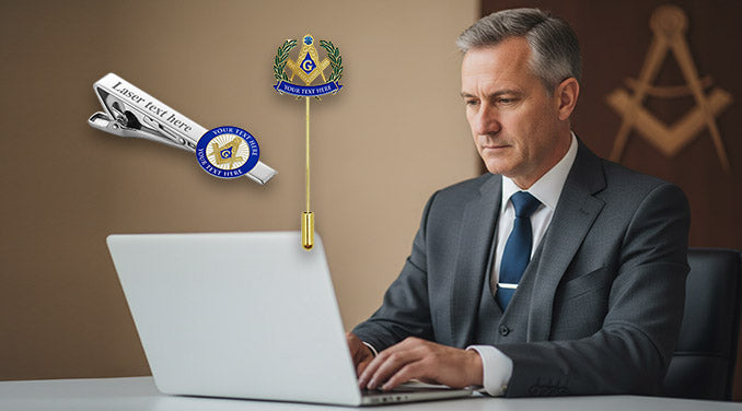 Masonic Mens Accessories In Professional Business Setting Showcasing Laser Engraved Silver Tie Bar and Gold Lapel Pin with Fringe Featuring Custom Text Placeholders and Square Compass Emblems For Lodge Brotherhood and Professional Recognition