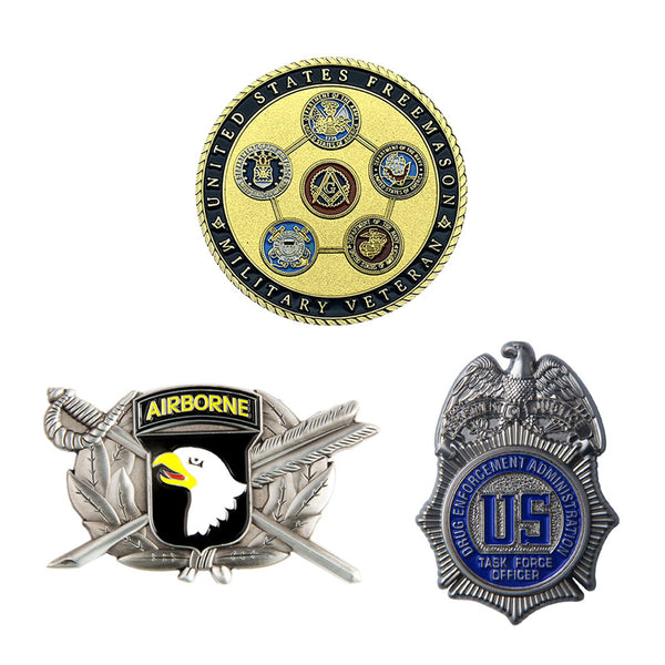 Three military-themed custom coins