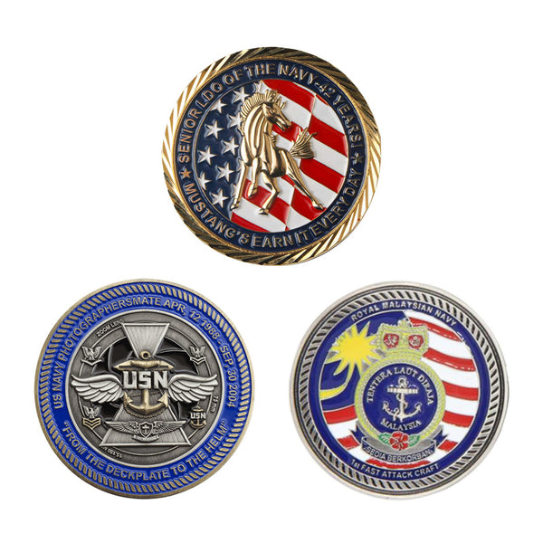 Navy-themed custom coins with various emblems and text using 3D effects