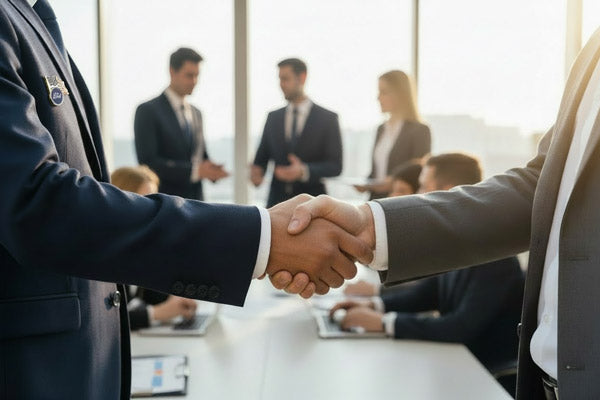 Patriotic Lapel Pins Worn by Business Professional During Handshake in Modern Corporate Office Setting for Corporate Partnership And Brand Identity Recognition