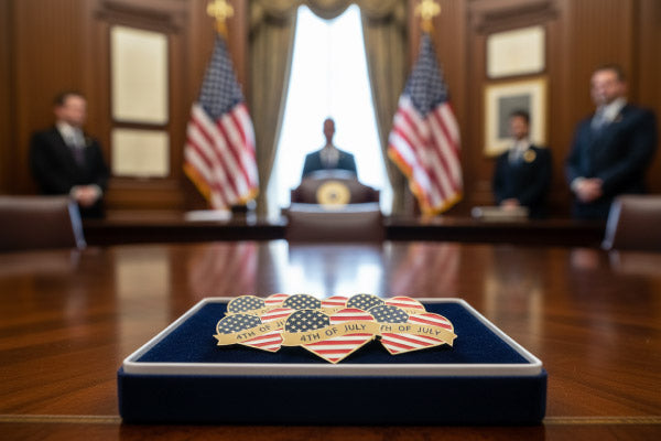 Patriotic Lapel Pins in Gold with Heart Shape Featuring American Flag Design and Custom Text "4TH OF JULY" Displayed in a Deep Blue Velvet-Lined Case Against Formal Government Setting with Podium and US Flags For Commemoration and Recognition